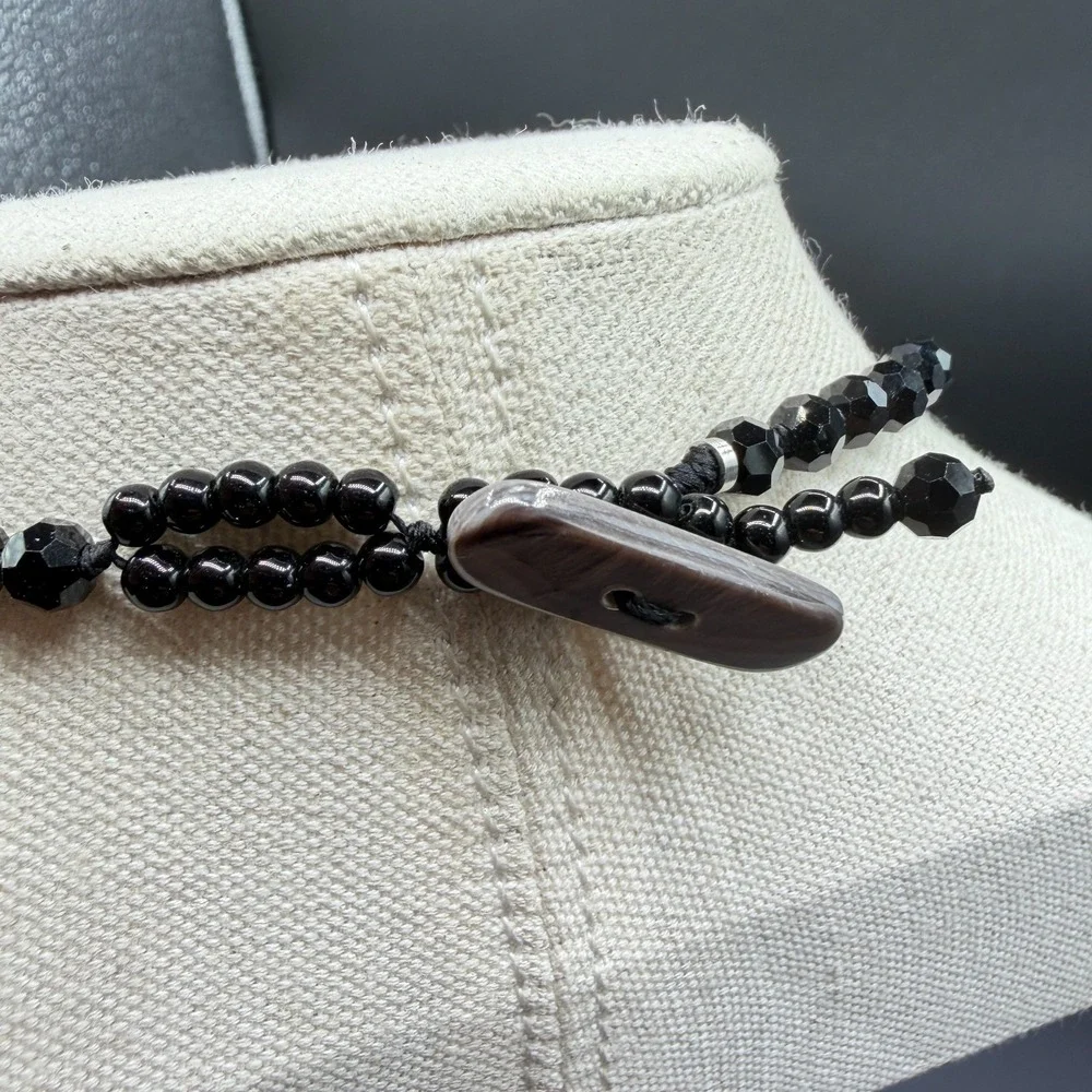 Black Faceted Bead Multi Strand Statement Necklace Knotted Gothic Cocktail Gift